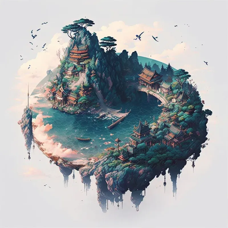Pixel Art Asian Floating Islands