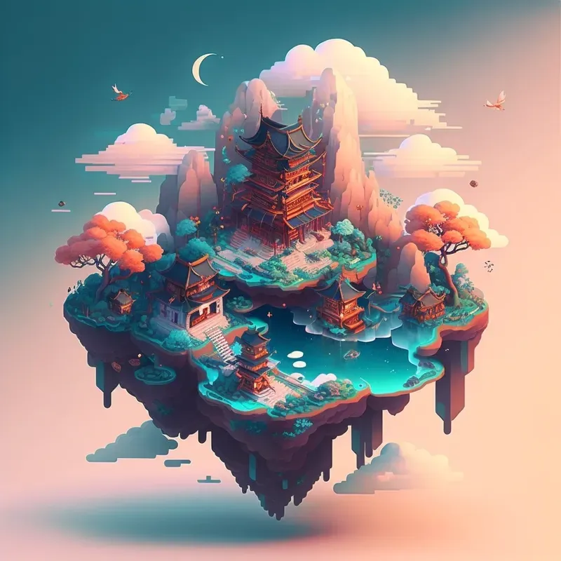 Pixel Art Asian Floating Islands