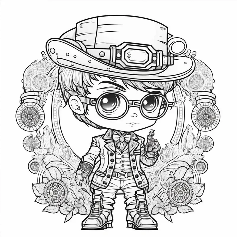 Chibi Steampunk Kids Coloring Book Pages