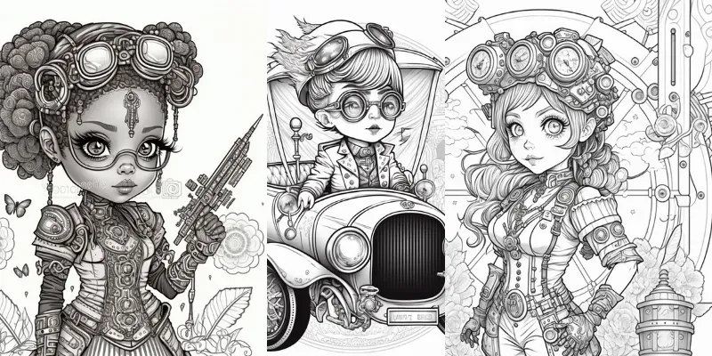 Chibi Steampunk Kids Coloring Book Pages generated by undefined