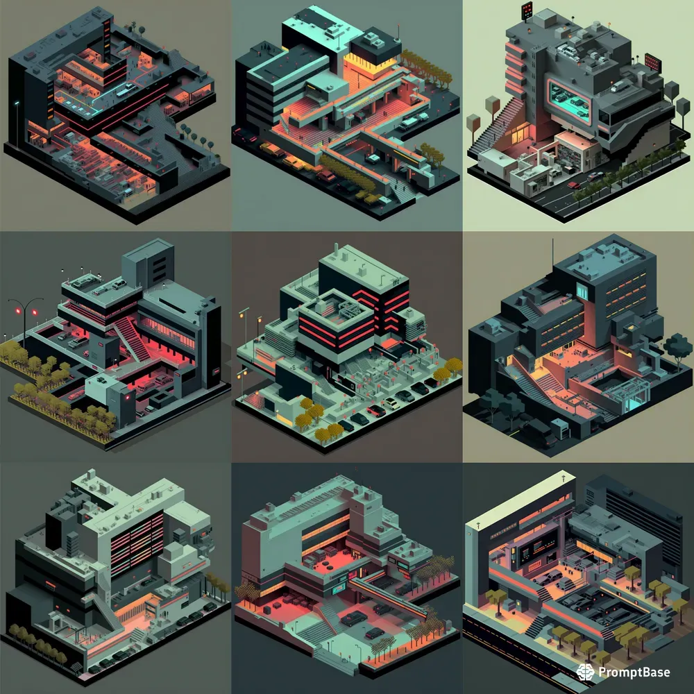 Dark Isometric Brutalist Buildings