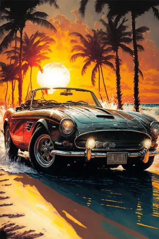Vintage Surfer Beach Car Posters