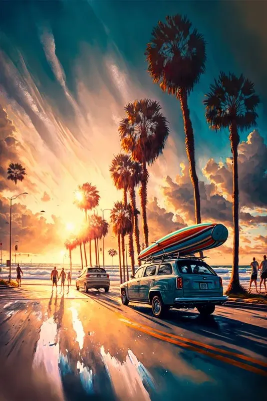 Vintage Surfer Beach Car Posters
