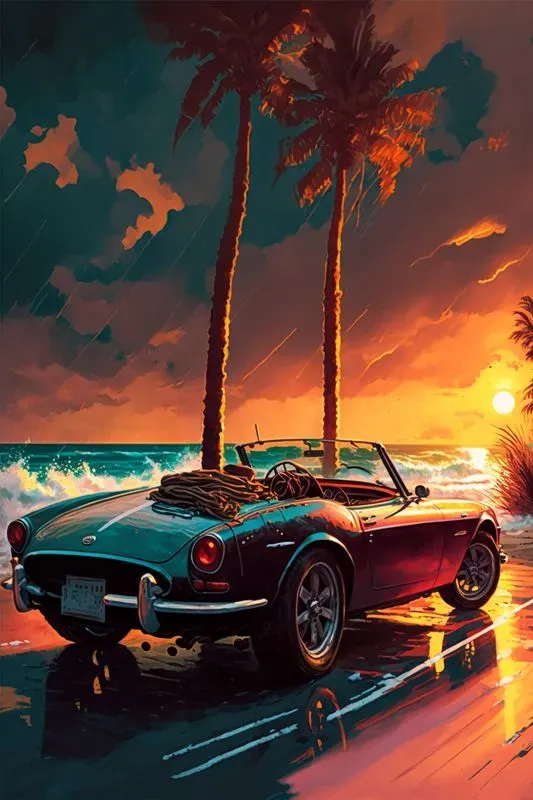 Vintage Surfer Beach Car Posters