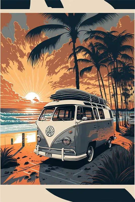 Vintage Surfer Beach Car Posters