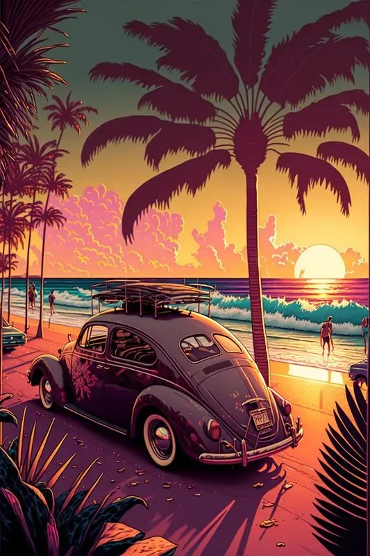 Vintage Surfer Beach Car Posters
