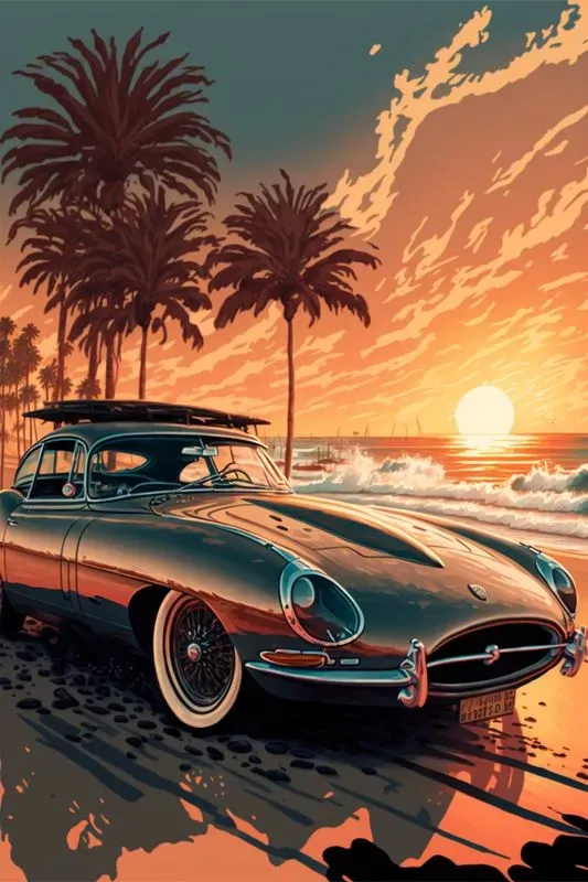 Vintage Surfer Beach Car Posters