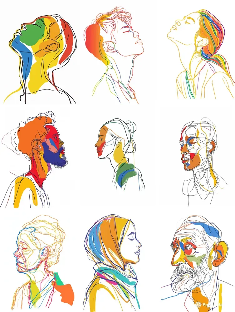 Bold Colorful One Line Drawing Portraits