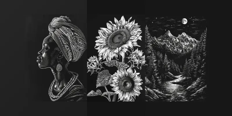 Scratchboard Art On Black Backgrounds generated by undefined