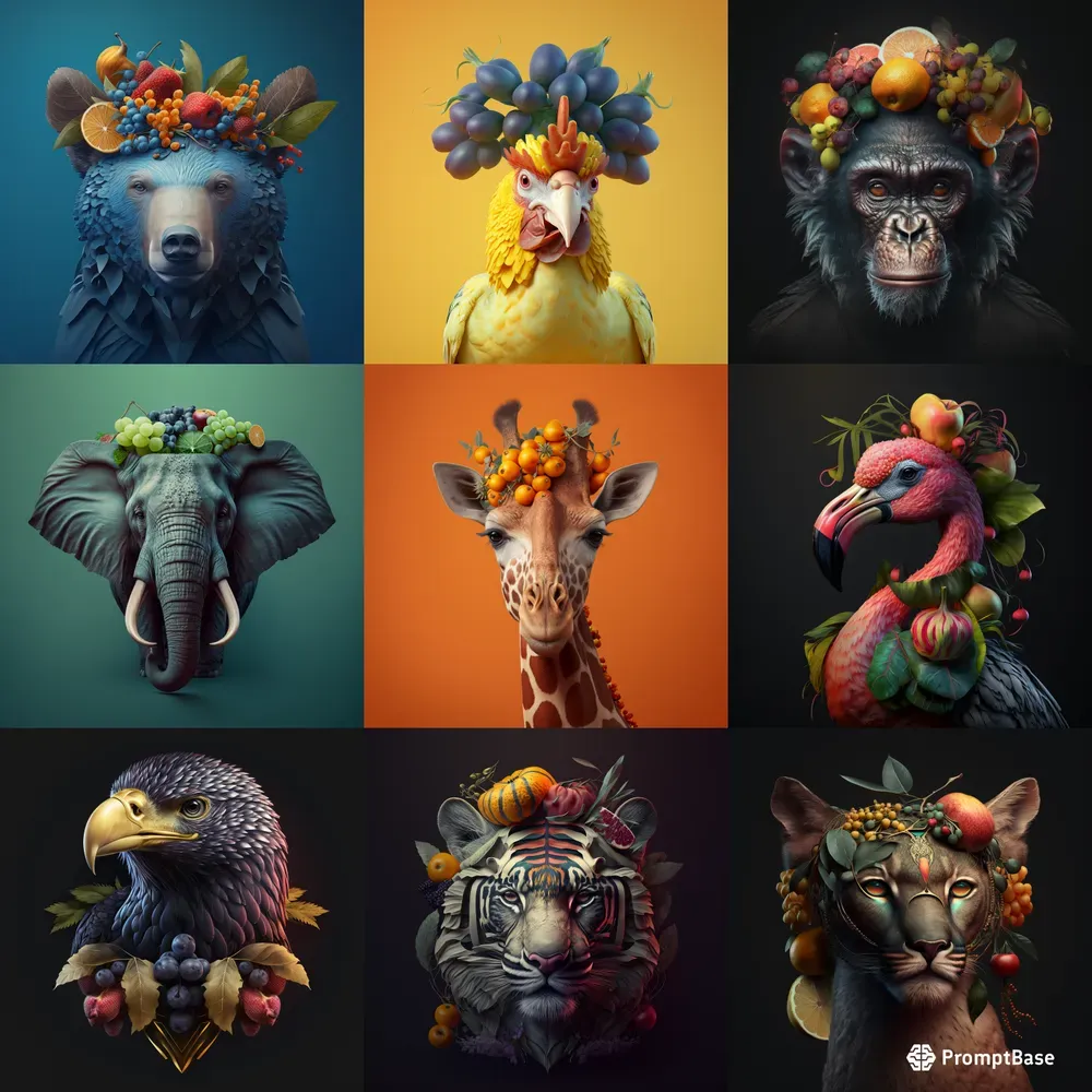 Realistic Animal Portraits With Fruits Midjourney Prompt | PromptBase
