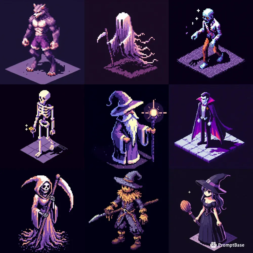 Isometric Halloween Pixel Art Characters DALL·E Prompt | PromptBase