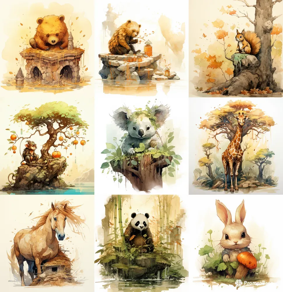 Watercolor Clip Art Of Cute Animals Midjourney Prompt | PromptBase