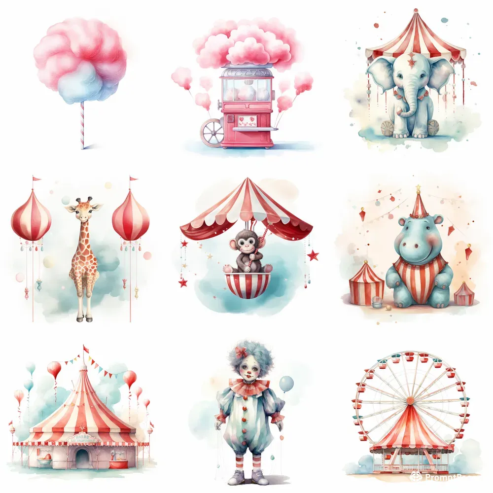 Circus Watercolor Clipart Nursery Art Midjourney Prompt | PromptBase
