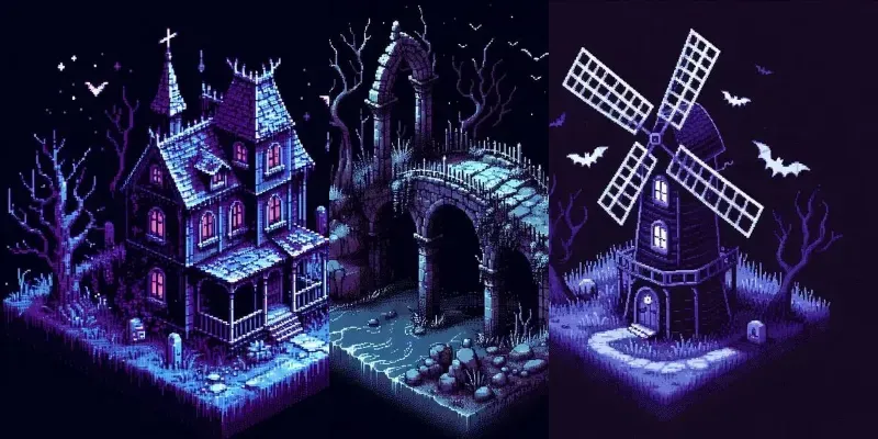 Isometric Spooky Pixel Art Buildings DALL·E Prompt | PromptBase