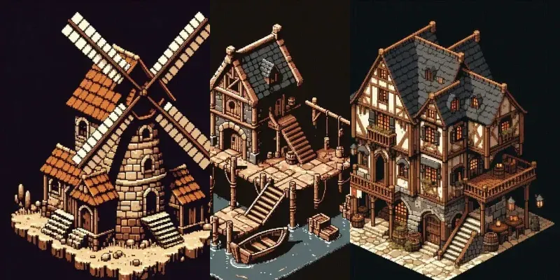 Isometric Medieval Pixel Art Buildings DALL·E Prompt | PromptBase