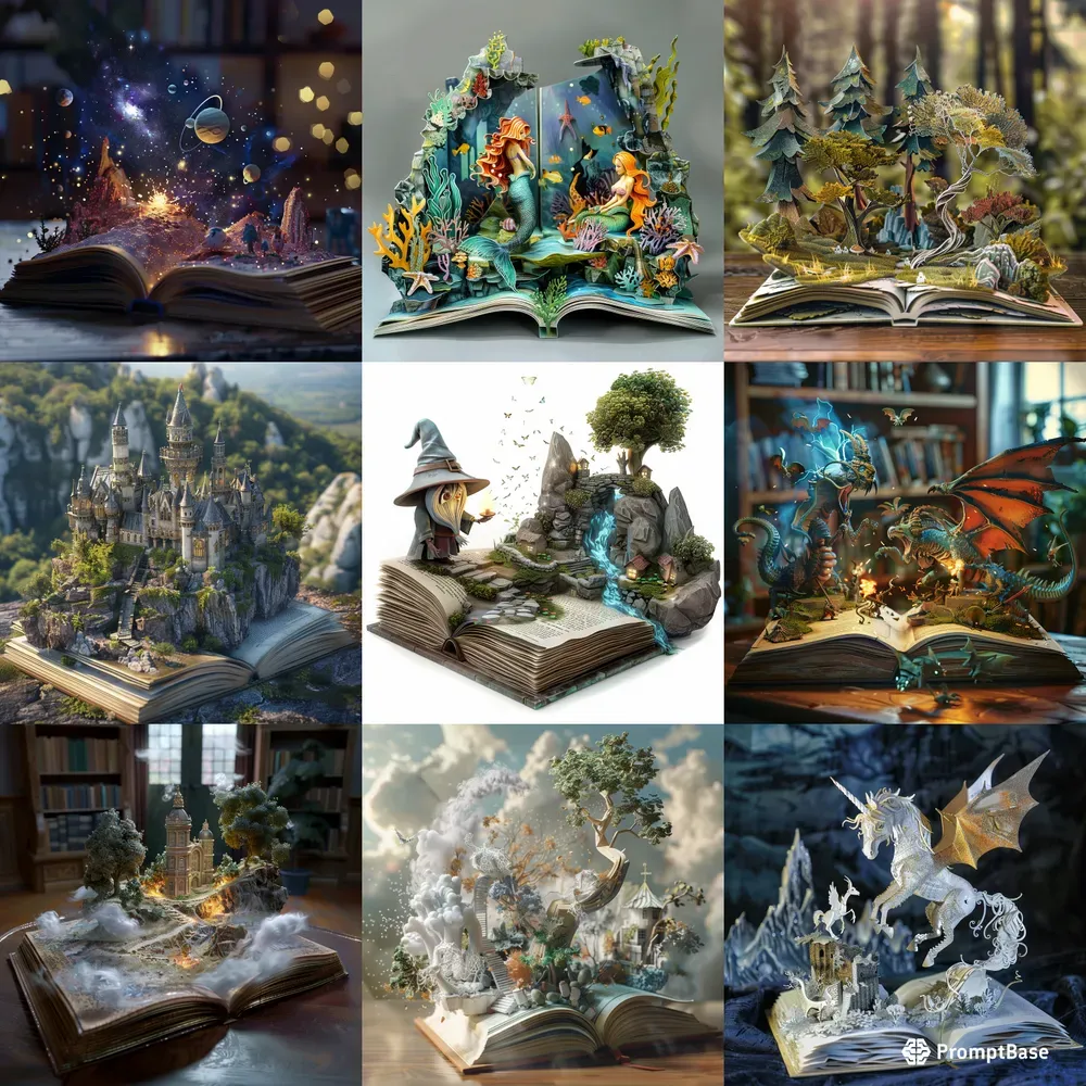 Random Book Scenes Stories Magical Open Book Scenes Pop Up Midjourney Prompt | PromptBase