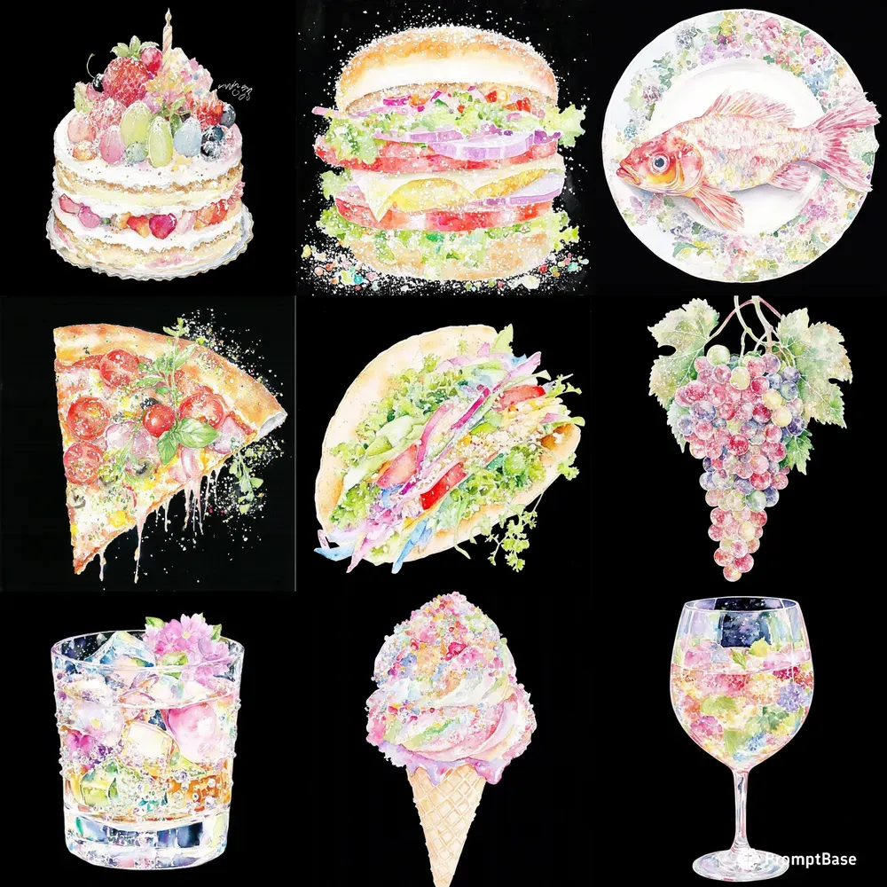 Foods And Drinks Watercolor Cliparts Midjourney Prompt | PromptBase