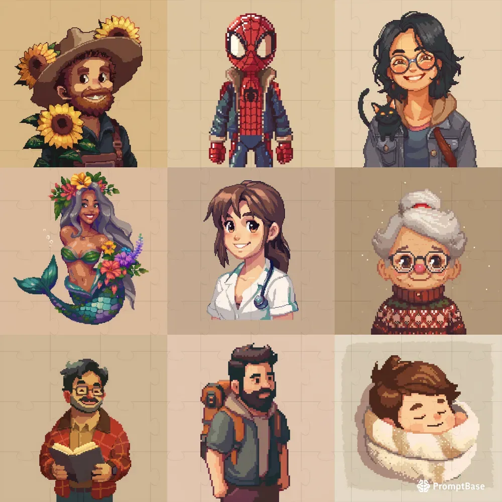 Pixel Portrait Characters Midjourney Prompt | PromptBase