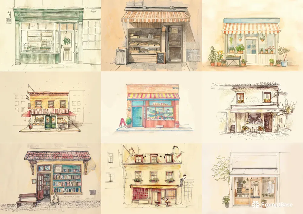 Color Pencil Sketches Of Shops Midjourney Prompt | PromptBase