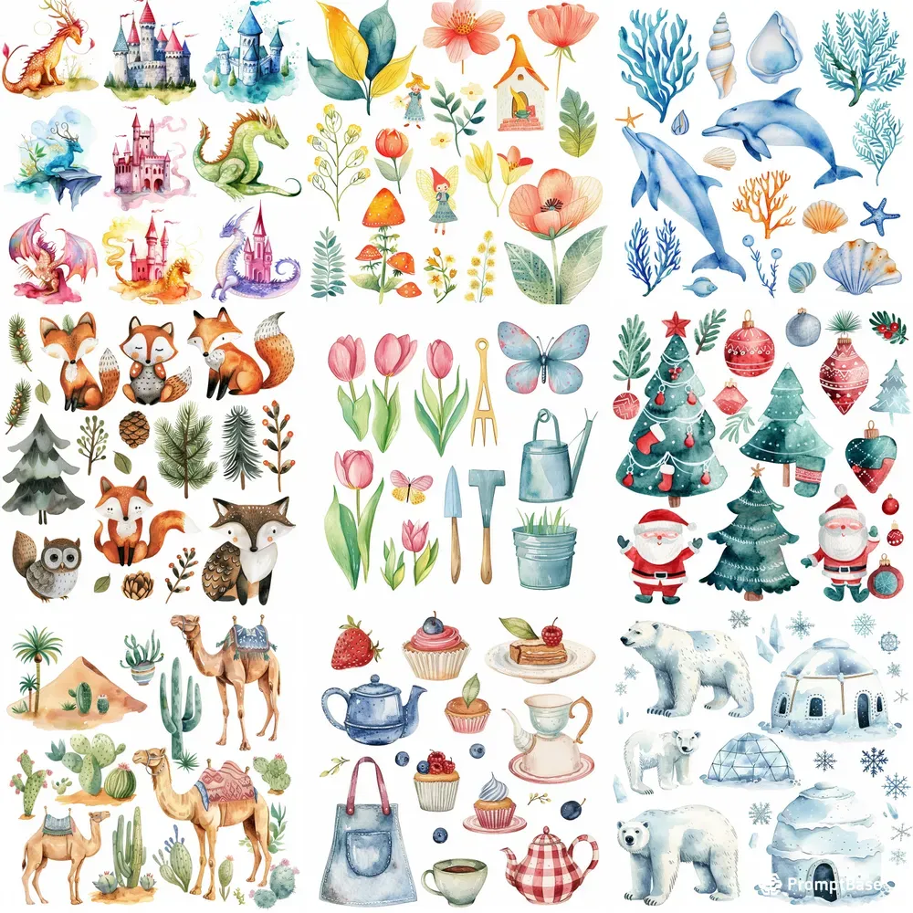 Enchanting Watercolor Clipart Collections Midjourney Prompt | PromptBase