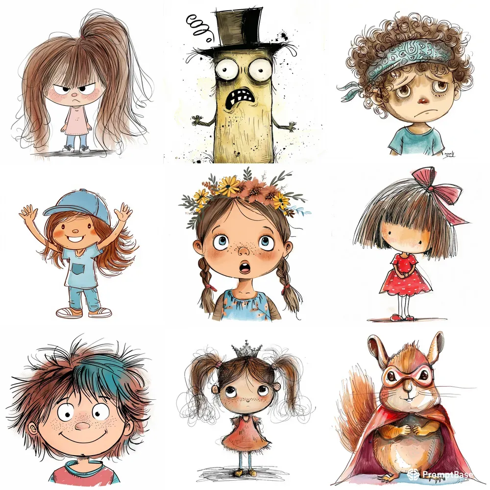 Expressive Whimsical Cartoon Drawings Midjourney Prompt | PromptBase