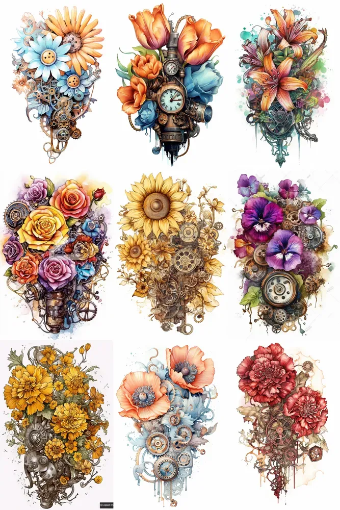 Steampunk Watercolor Flowers Cliparts Midjourney Prompt | PromptBase