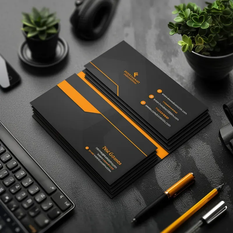 Black and orange stacked business cards with geometric accents and contact information