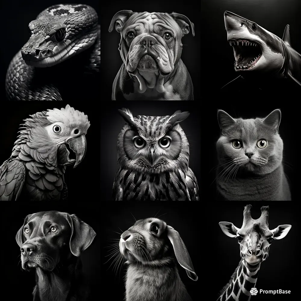 Animal Portraits In Bws Midjourney Prompt | PromptBase