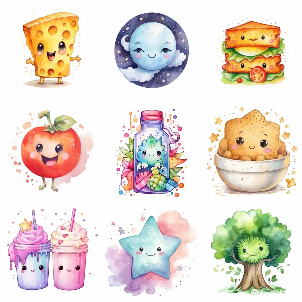 Kawaii Watercolor Cliparts Midjourney Prompt | PromptBase