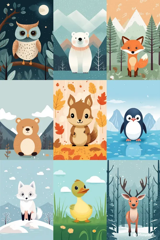 Cute Animals Nursery Wall Art Midjourney Prompt | PromptBase