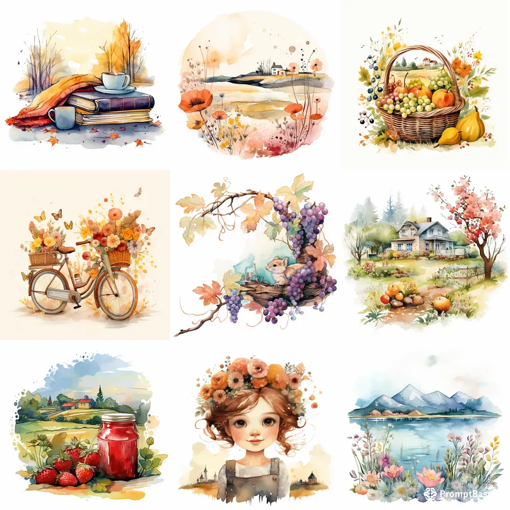 Watercolor Cliparts Midjourney Prompt | PromptBase