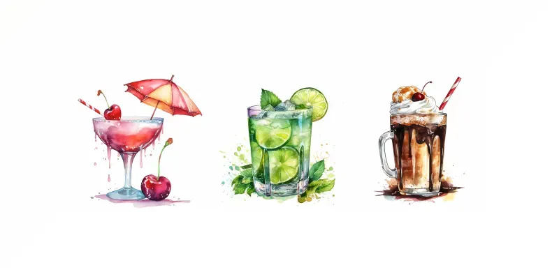 Summer Drinks Watercolor Clip Art Midjourney Prompt | PromptBase