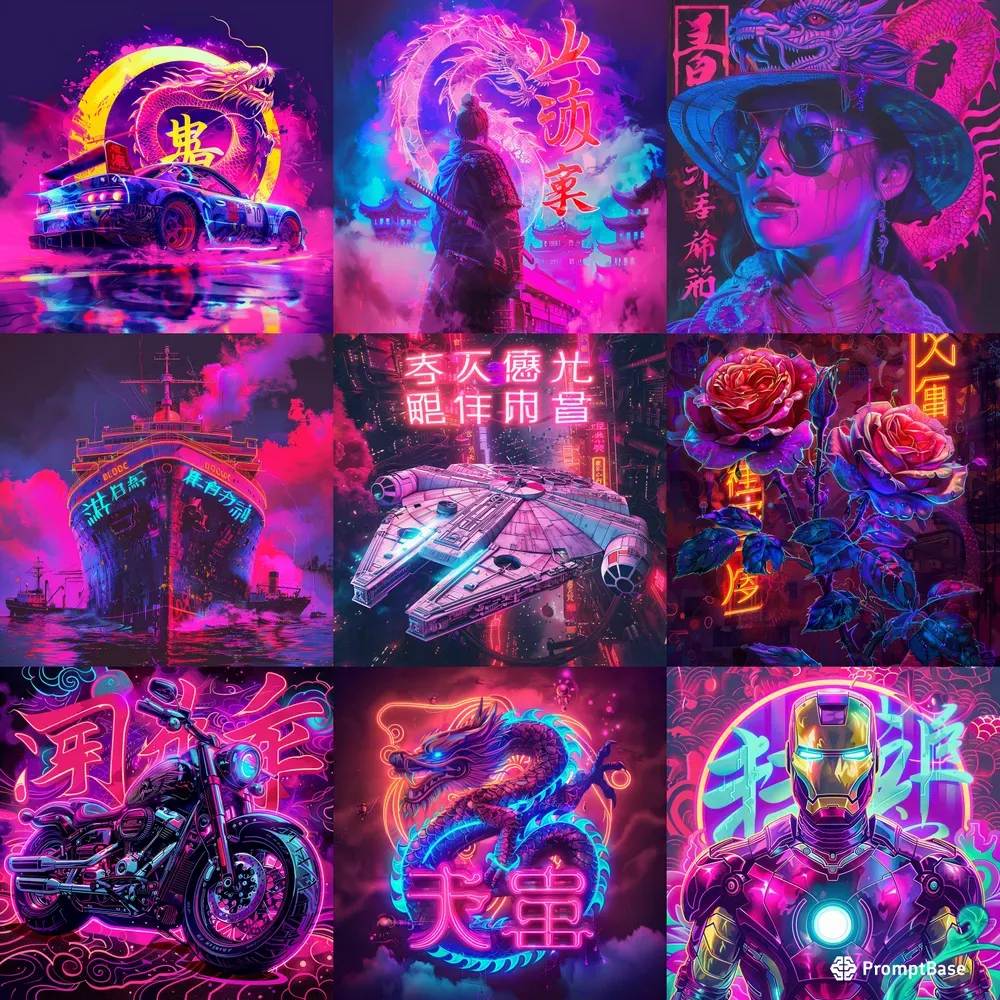 Chinese Pop Culture Art In Neon Midjourney Prompt | PromptBase