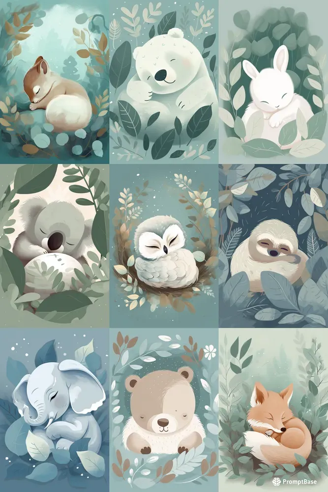 Cute Sleeping Animals Vector Nursery Art Midjourney Prompt | PromptBase