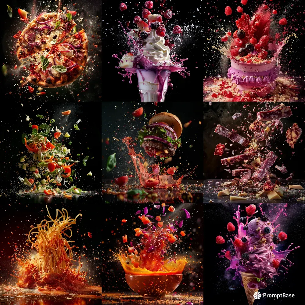 Exploding Food Advertising Photographs Midjourney Prompt | PromptBase