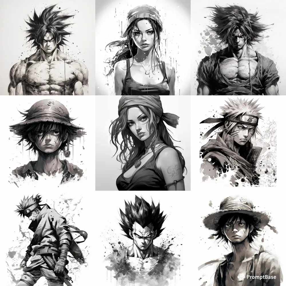 Drawings Anime Characters Black And White Midjourney Prompt | PromptBase