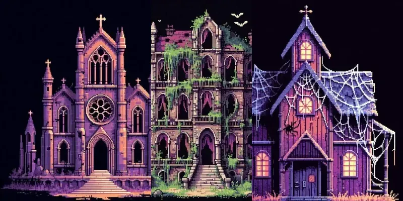 Pixel Art Halloween 2D Buildings DALL·E Prompt | PromptBase