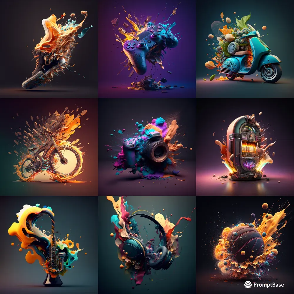 Vibrant Exploding Ad Web Graphics Midjourney Prompt | PromptBase