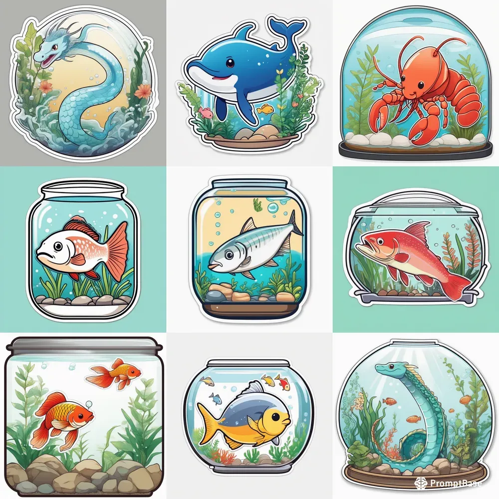 Sea Creatures In The Aquarium Stickers Stable Diffusion Prompt | PromptBase