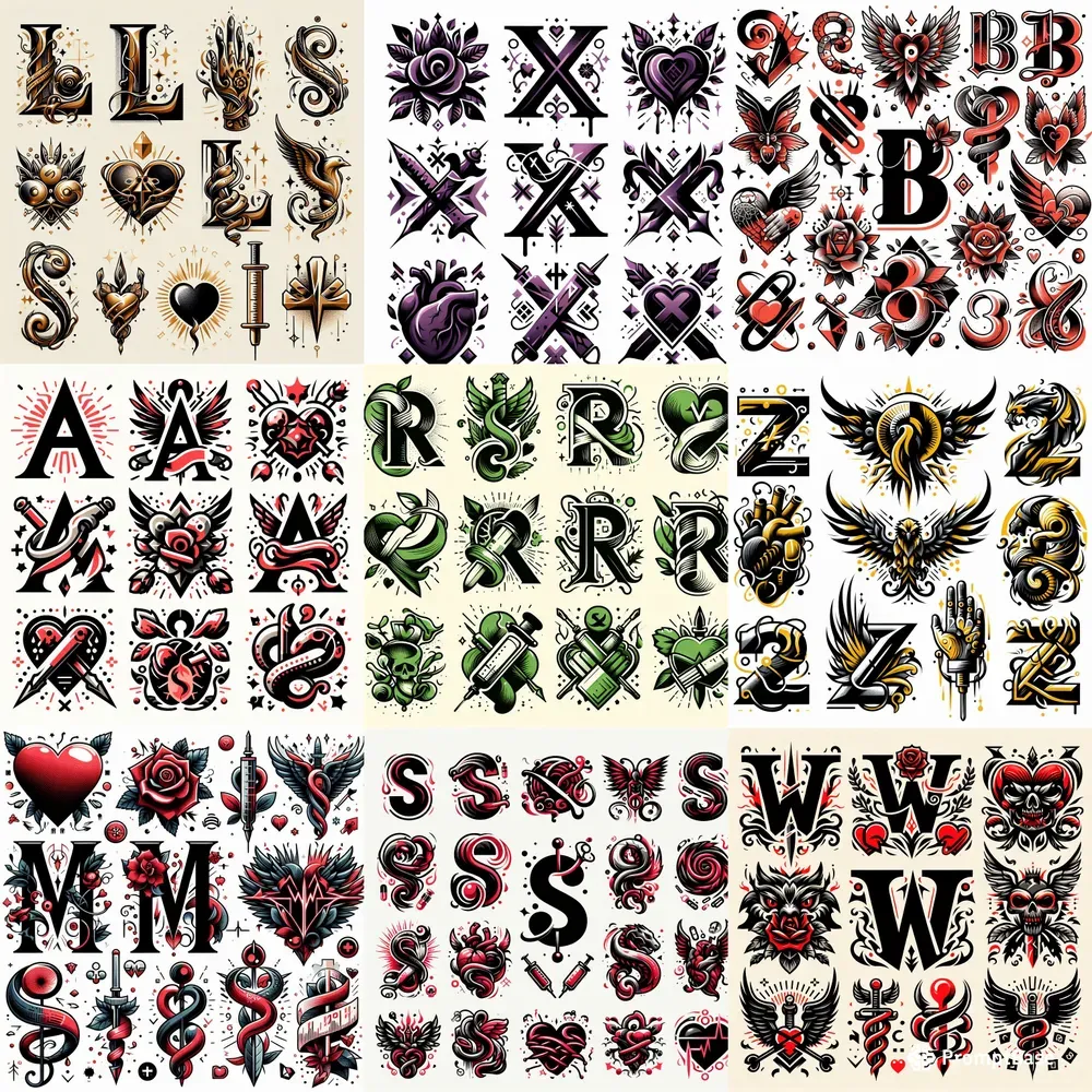 Tattoo Sets Of Letters And Symbols DALL·E Prompt | PromptBase