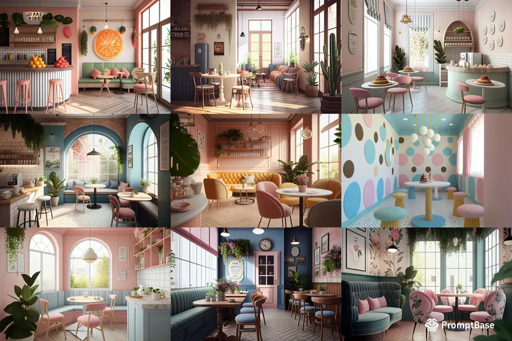 Cute Cafe Interior Design Realistics Midjourney Prompt | PromptBase