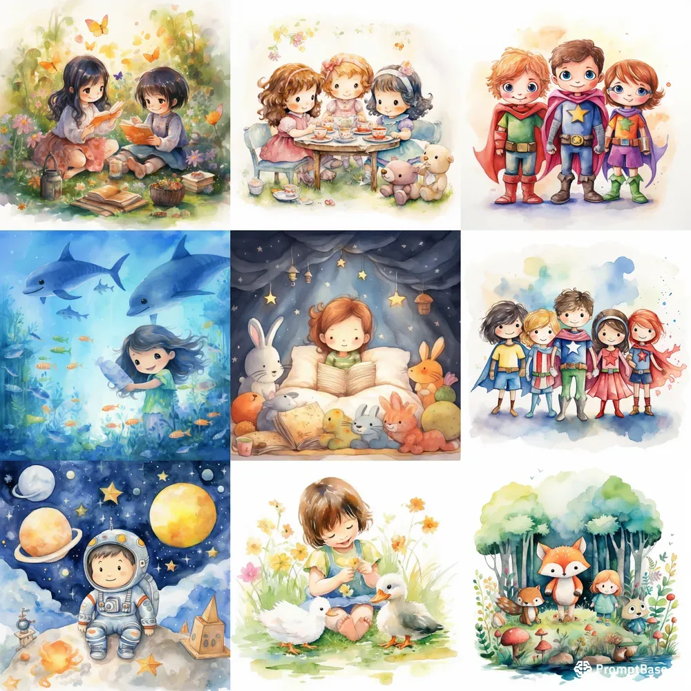 Watercolor Cute Children Illustrations Midjourney Prompt | PromptBase