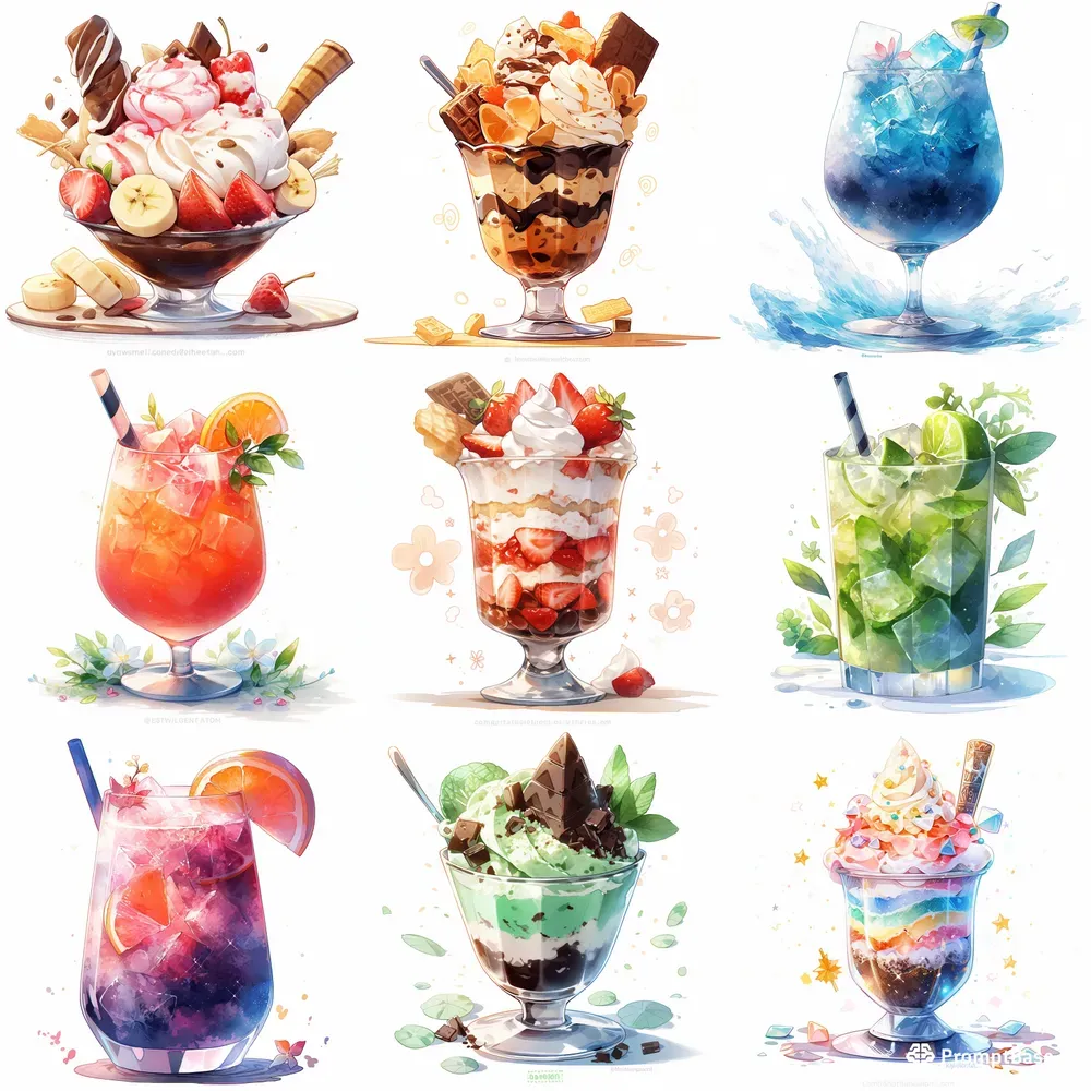 Watercolor Clip Art Sundaes And Cocktails Midjourney Prompt | PromptBase