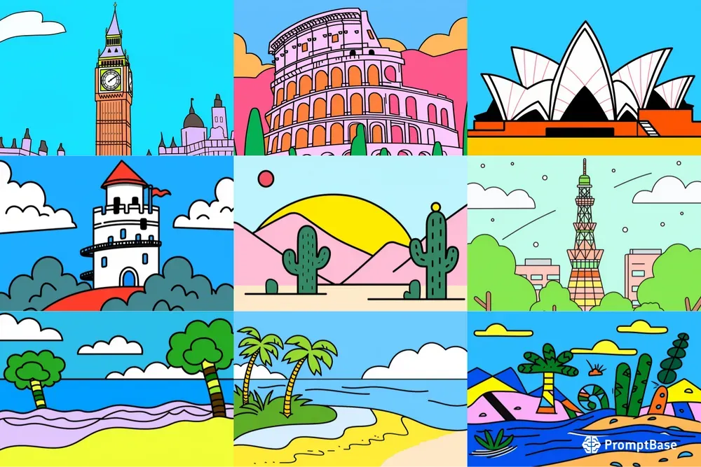 2D Flat Cartoon Landscape Postcard Image Midjourney Prompt | PromptBase