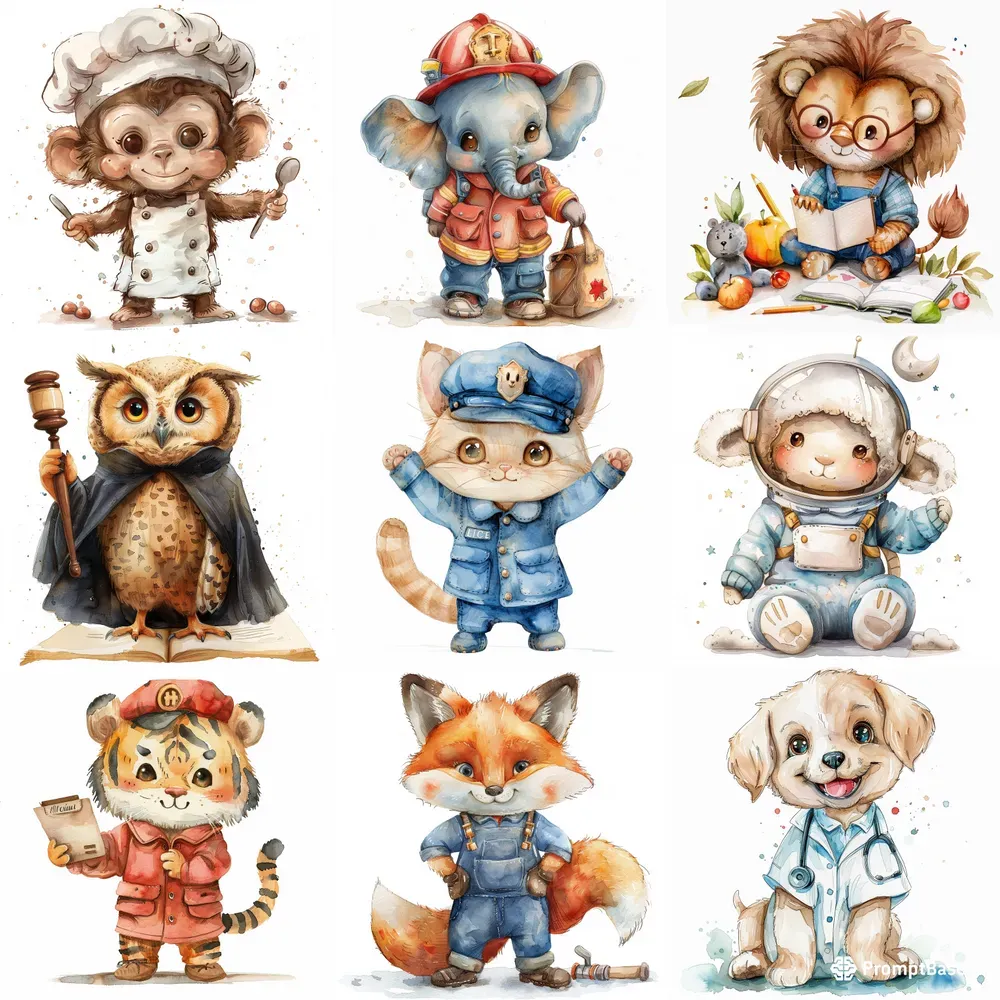 Cute Watercolor Animals In Professions Midjourney Prompt | PromptBase