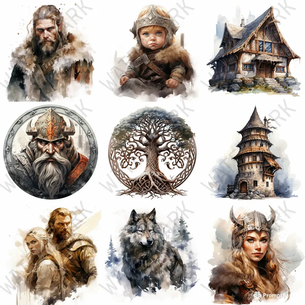 Viking Art Watercolor Historic Cliparts Midjourney Prompt | PromptBase