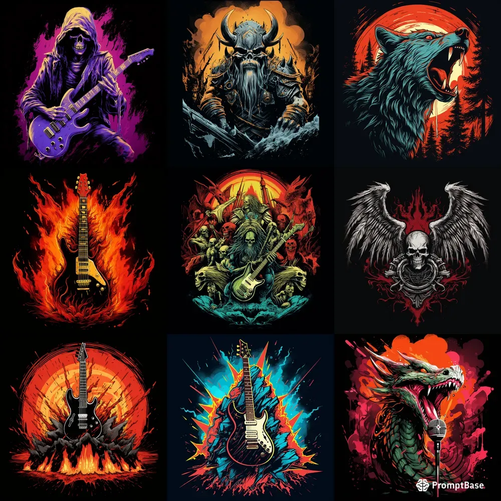 Heavy Metal Hard Rock Tshirt Designs Midjourney Prompt | PromptBase