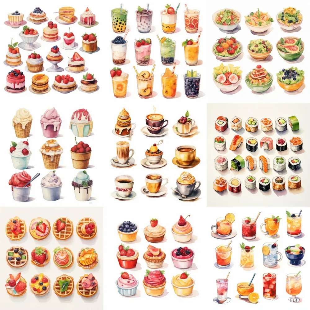 Cute Food Watercolor Collections Cliparts Midjourney Prompt | PromptBase