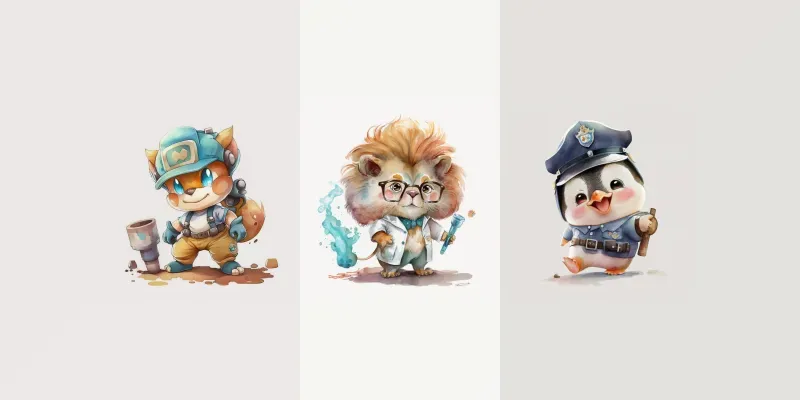 Watercolor Baby Animals In Professions Midjourney Prompt | PromptBase