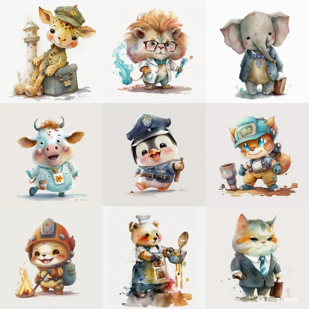 Watercolor Baby Animals In Professions Midjourney Prompt | PromptBase